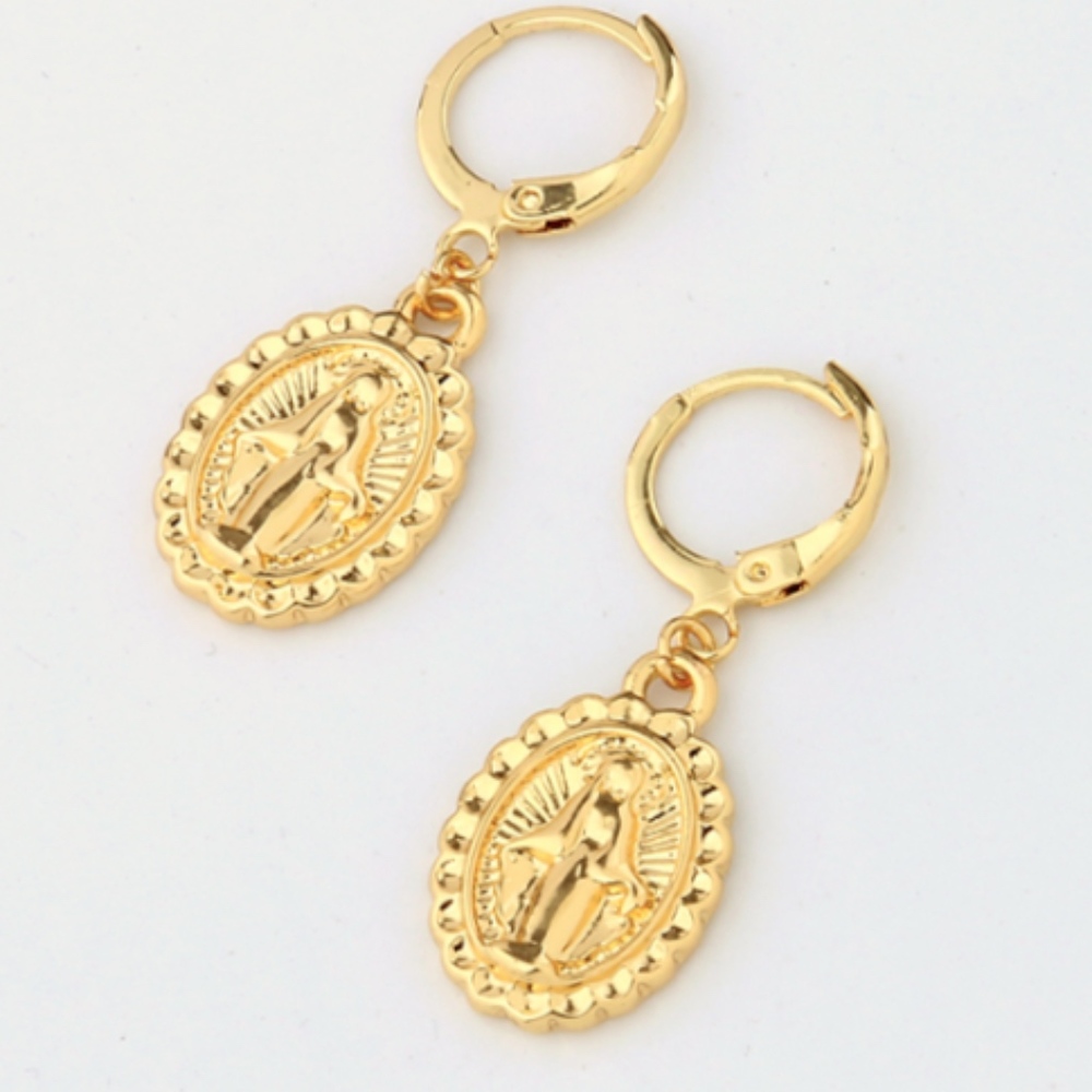 Virgin Mary Dainty Gold Round Clasp Earrings